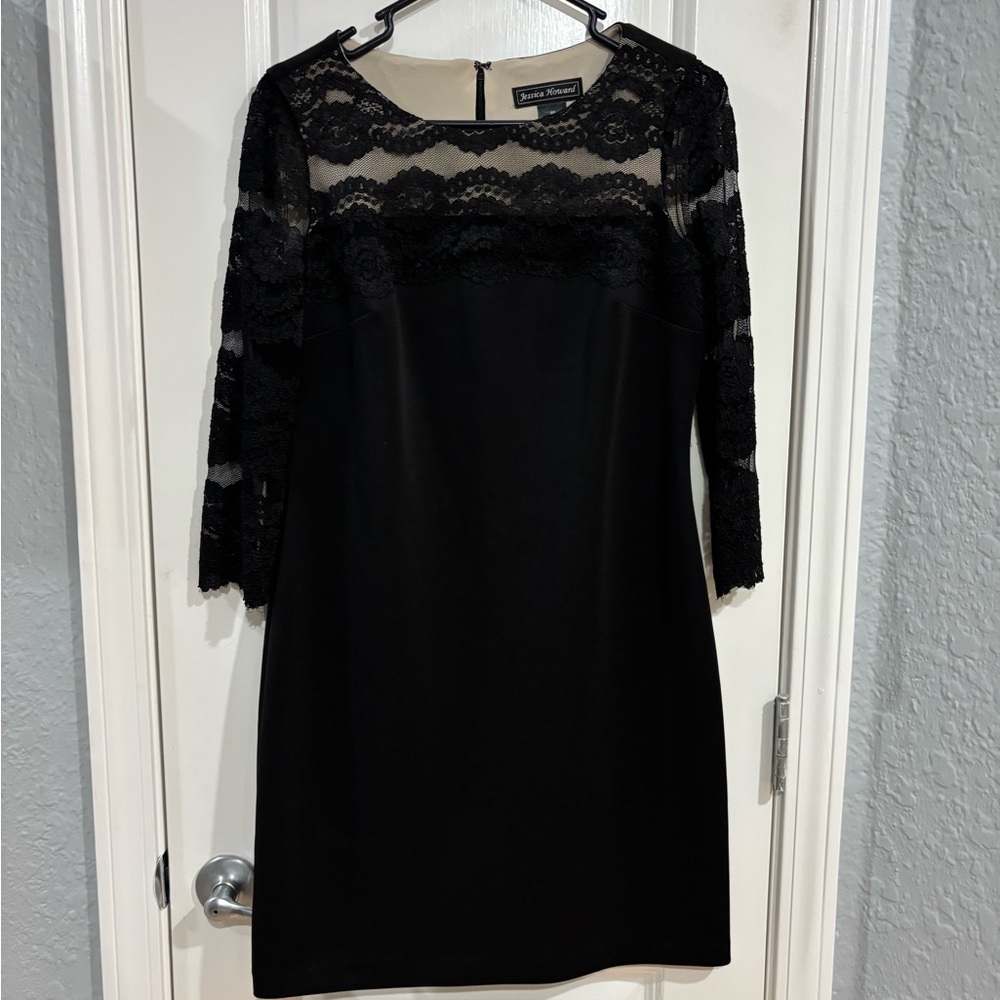 Jessica Howard Black Lace-Trim Long Sleeve Sheath Dress